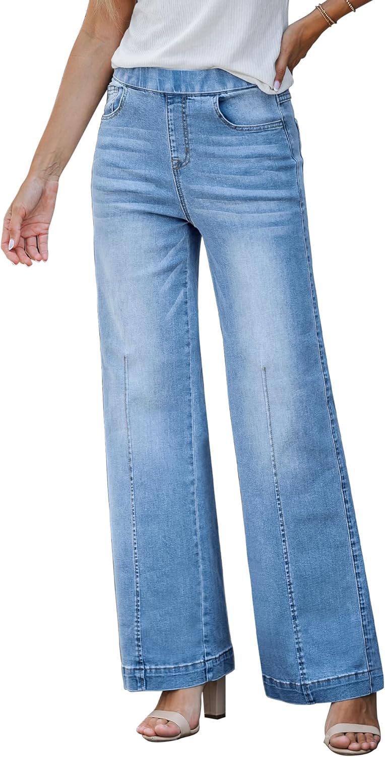 Vetinee Elastic Waist Jeans for Women Wide Leg Pull On Stretch Baggy Jeans