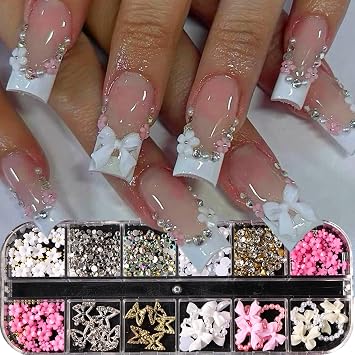 3D Nail Charms and Gems Set - 12 Grid Butterfly Charm Glitter Rhinestones Small Flower Steel Beads Pearl Bow DIY Mixed Nail Art Accessories Cute Butterflies Supplies DIY for Floral Manicure Craft