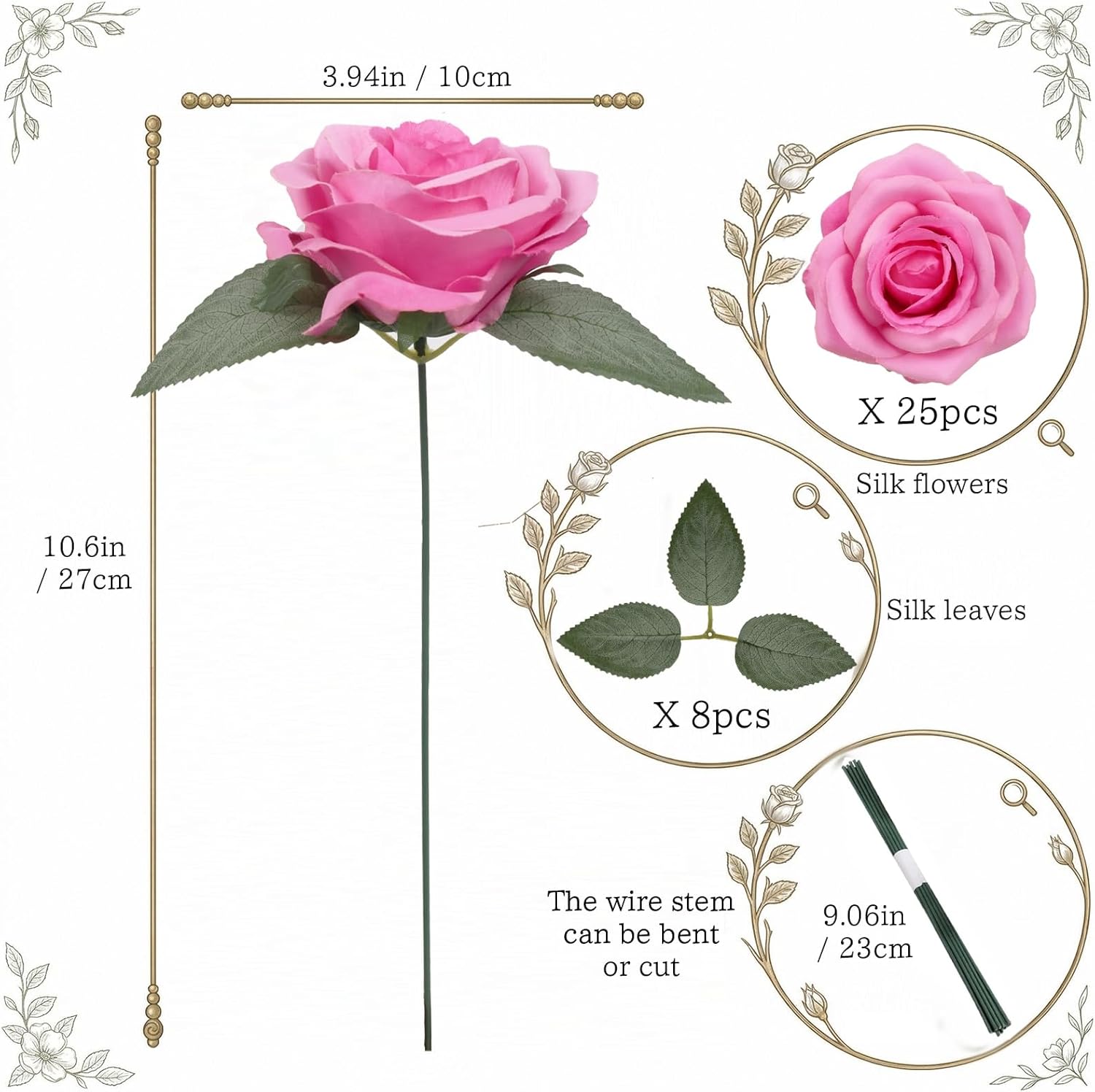 25PCS Pink Roses Artificial Flowers 3.94" Large Silk Roses with Stems Real Look Artificial Roses for Wedding Table Centerpieces Arrangement Home Decor(Pink)
