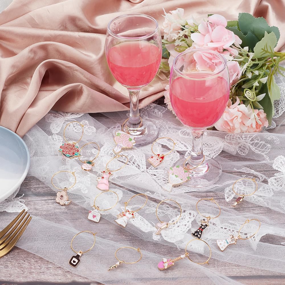BENECREAT 16Pcs Wedding Theme Charm, Rose Flower Dress Heart Key Drink Markers for Stem Glass Decoration
