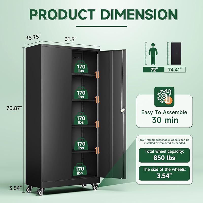 Letaya Metal Garage Storage Cabinets with Lock Door and Adjustable Shelves, Steel Tool Cabinets for Home,Office,Warehouse Organisieren (Black, 75" H) 16"D x 32"W x 74.41"H Black
