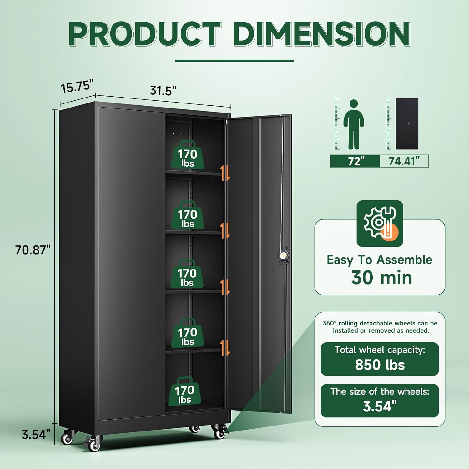 Product dimension diagram showing height, width, depth, and shelf weight capacity.