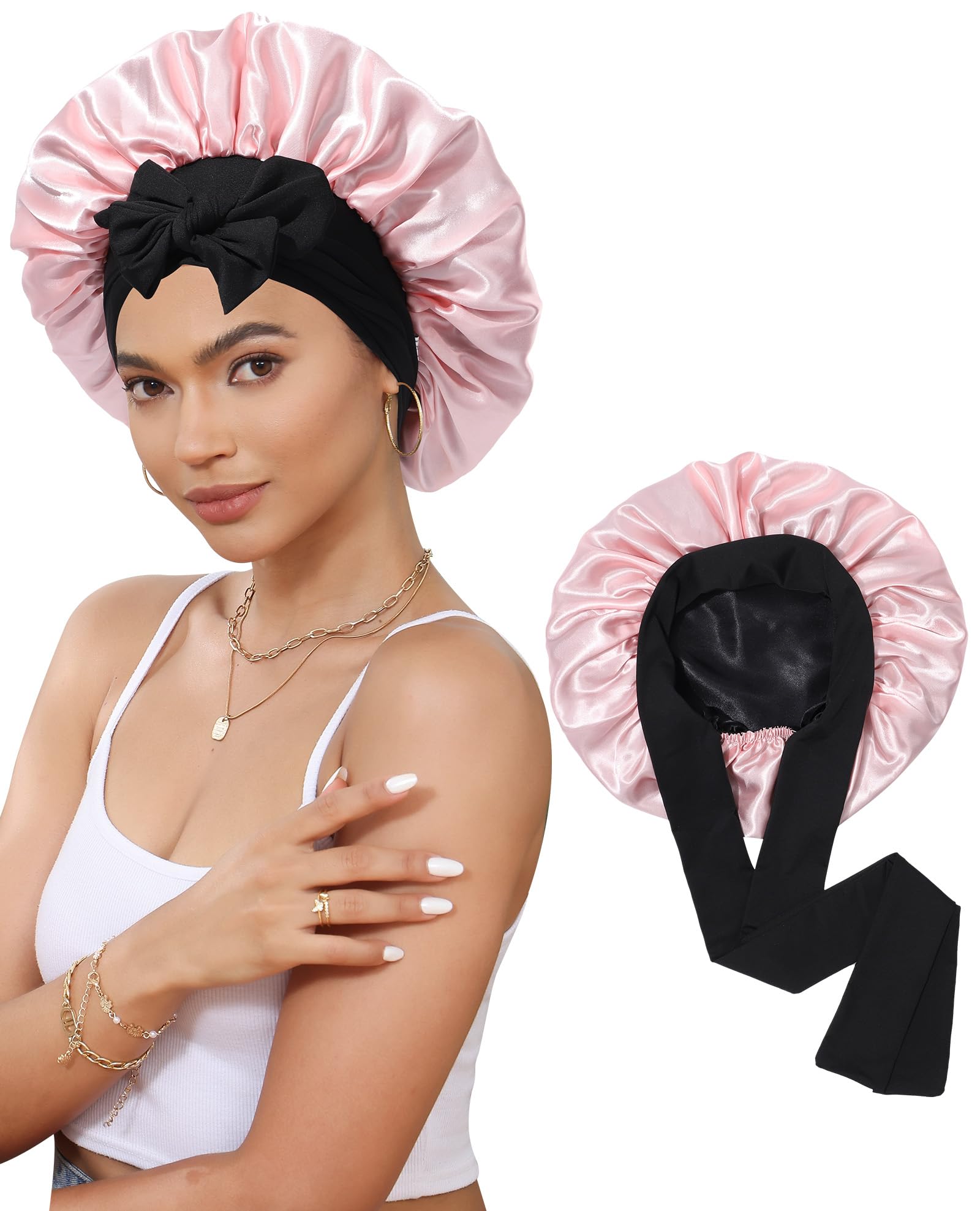 Satin Bonnet Silk Bonnet for Sleeping Silk Sleep Cap Double Layer Hair Bonnet with Elastic Tie Band for Curly Hair Night Cap (Black stars and moon+Black)