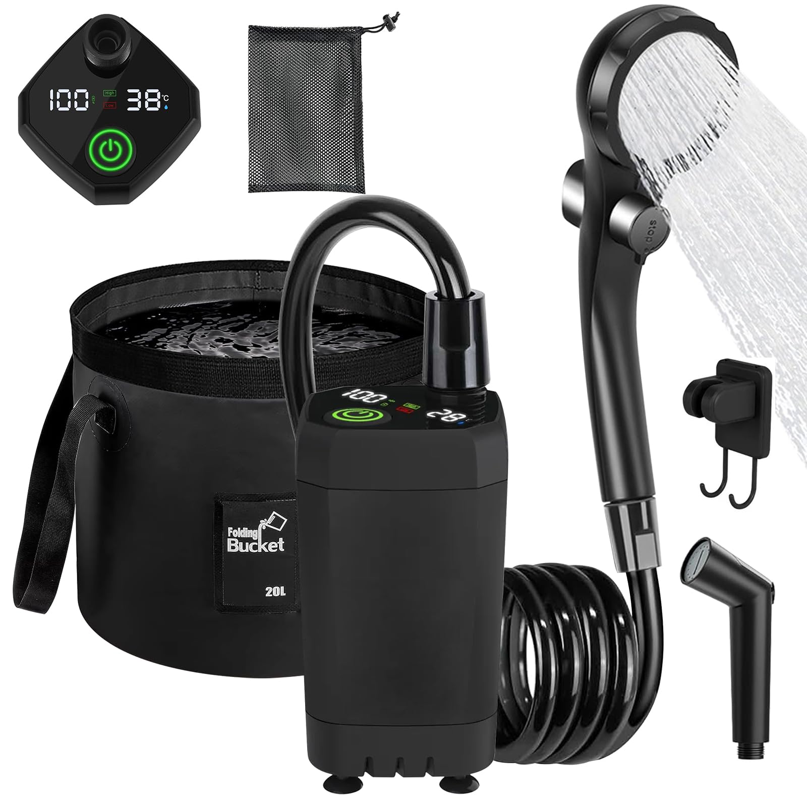JINGLING Ducha Solar Para Camping, Ducha Portátil 12 Litros, Accesorio Ducha Solar Para Exteriores Con Manguera, Bomba Pie Y Cabezal Ducha Para Senderismo