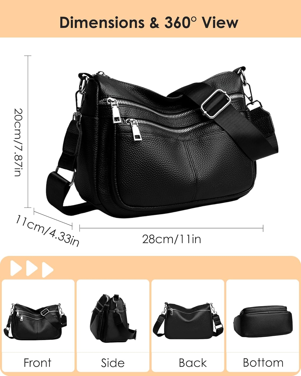 Genuine Leather Crossbody Purses Bags for Women, Medium Shoulder Bag with Multi Pockets
