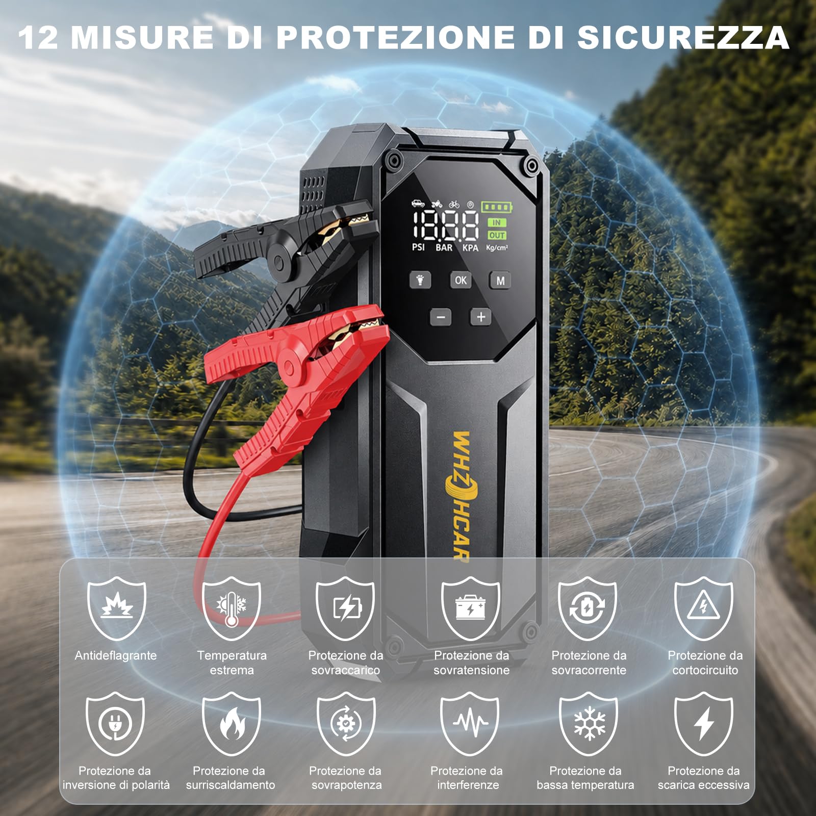 Avviatore Batteria auto 160PSI 9000A Booster Avviamento | WHZOHCAR Avviatore Emergenza per Auto 12V（Tutti Gas /12L Diesel） Jump Starter con Ricarica Rapida Torcia 600 Lumen LED