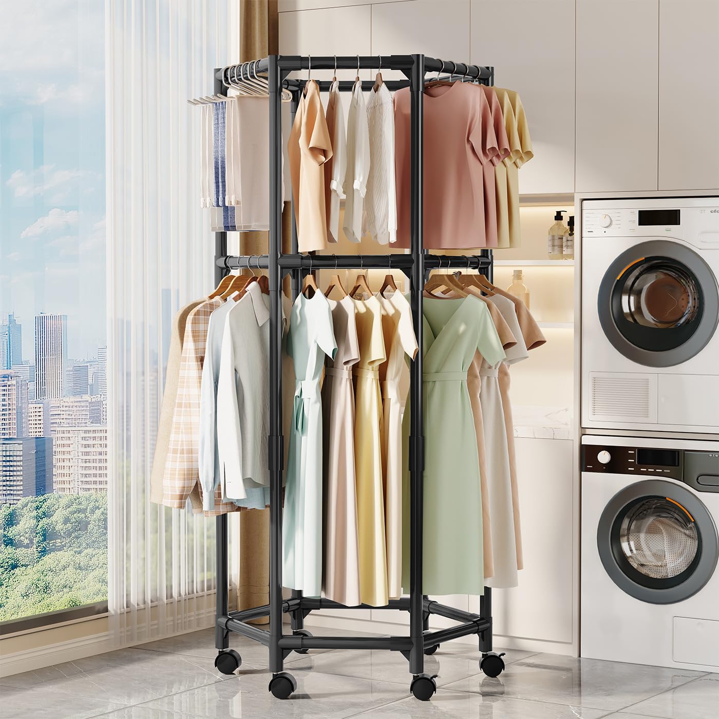 Séchoir à linge hexagonal amovible double couche porte-manteau noir