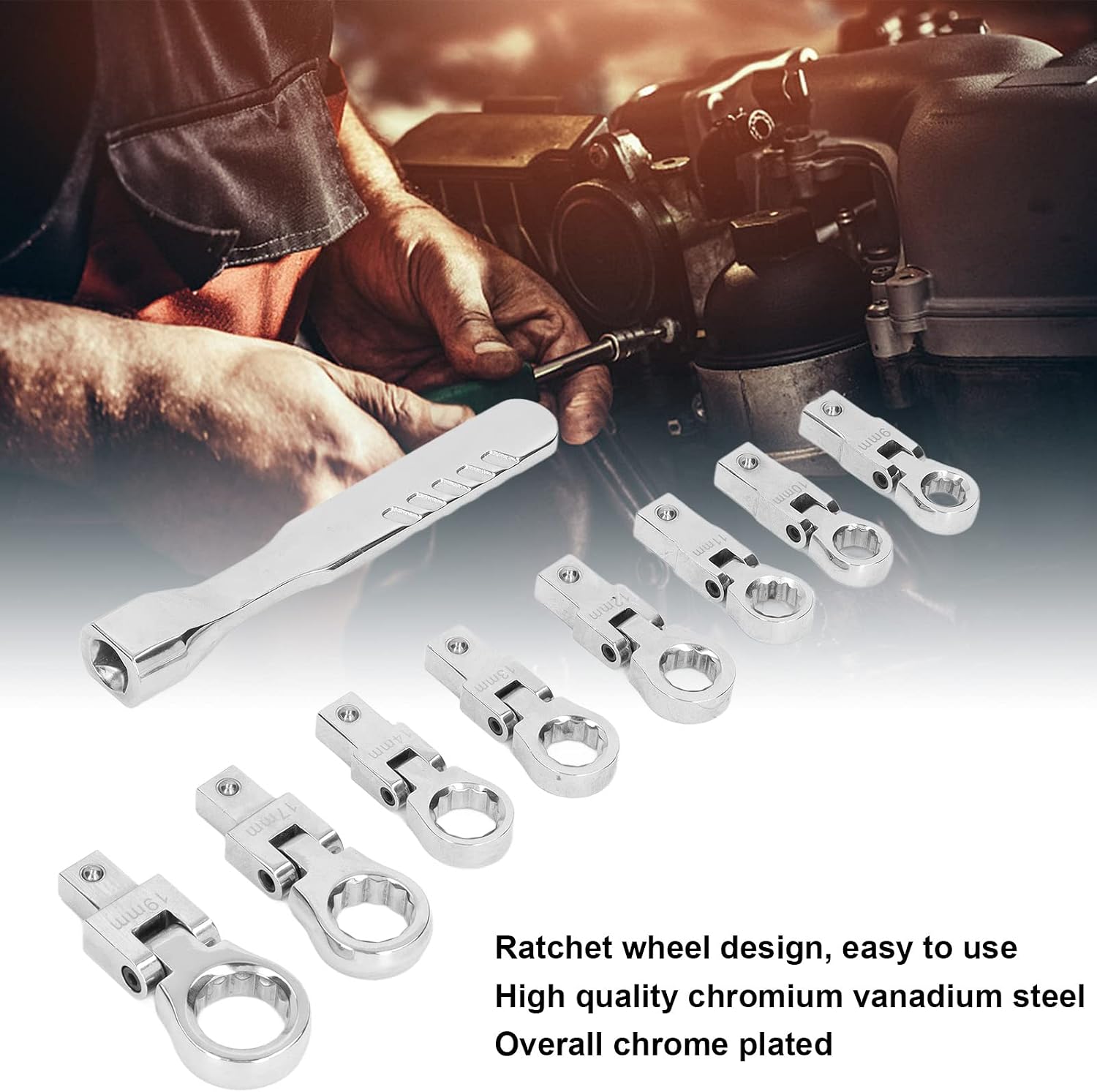 9 Piece Interchangeable Ratchet Wrench Set with 8 Box Wrench Heads and Handle - Vanadium Steel Construction - Mirror Chrome Plated Finish for Automotive and Industrial Use