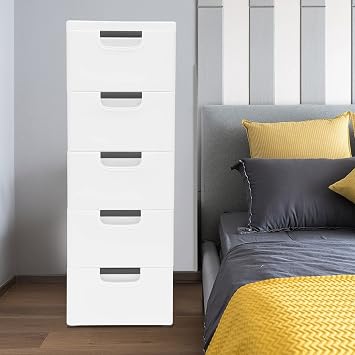 5 Drawer Storage Organizer,Plastic Storage Drawers Tall Chest Drawer Chest Storage Tall Dresser Stackable Storage for Office Bedroom White