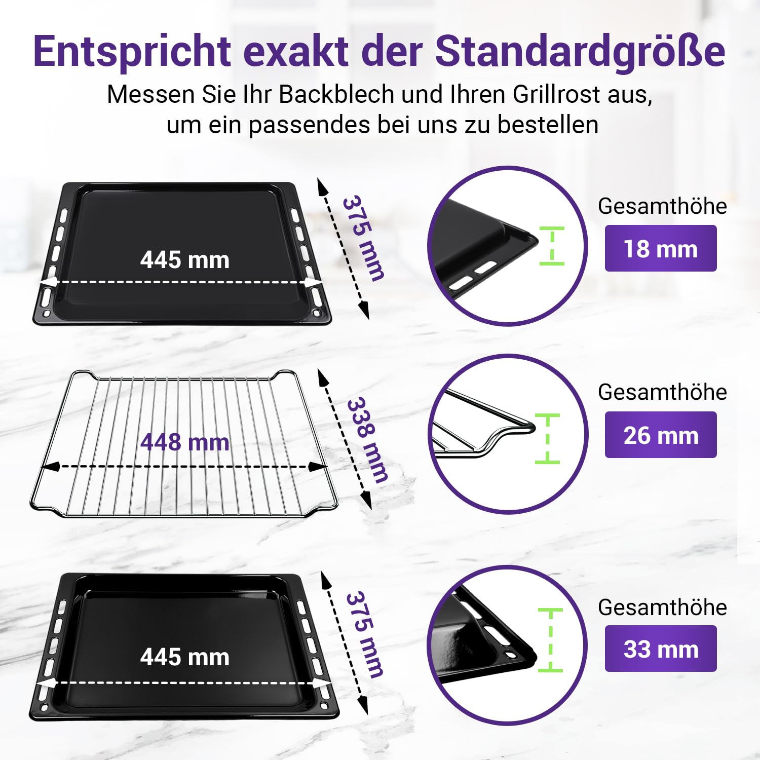 Viоks.pro 2x Backblech 445 x 375 + Rost Ersatz für Whirlpоol 481010683241 | Tiefes Blech, 44,5 x 37,5 x 3,3, Gitterrost Grill, für Ofen