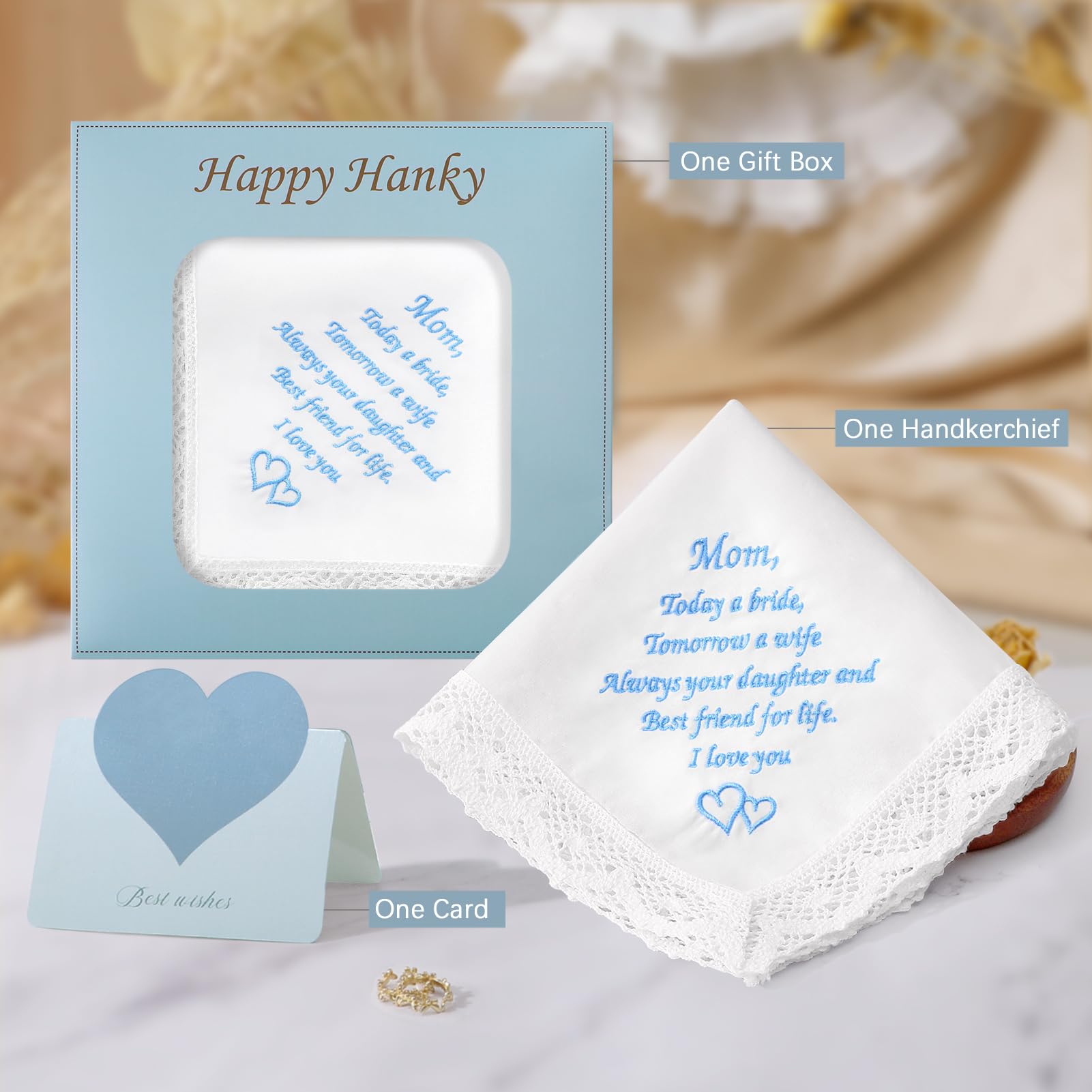 Wedding Handkerchiefs Something Blue for Bride, Mother Of The Bride Gifts Embroidered Lace Keepsake Bridal Hankies