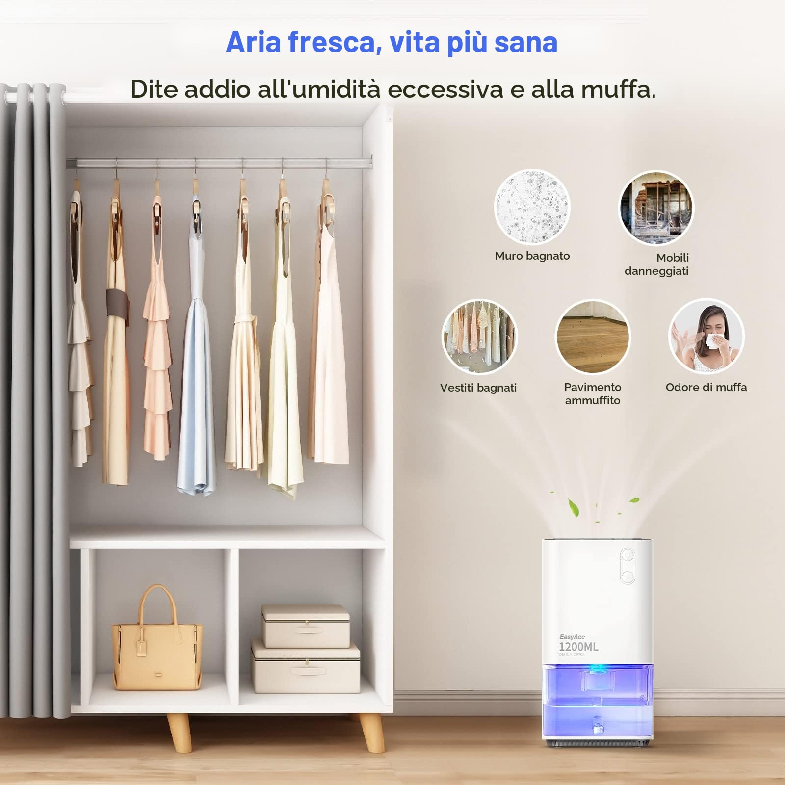 EasyAcc® Deumidificatore Casa Muffa 1200ml Deumidificatore Portatile Elettrico Silenzioso Efficiente Autosbrinamento per Cameretta Bagno Ufficio Armadio Garage