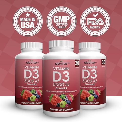Miniatura 3 de Vitamina D3 extra fuerte 5000 UI (125 mcg) Suplemento dietético Gominas. Apto para veganos, sin gluten y sin sabores artificiales. Apoya la fuerza