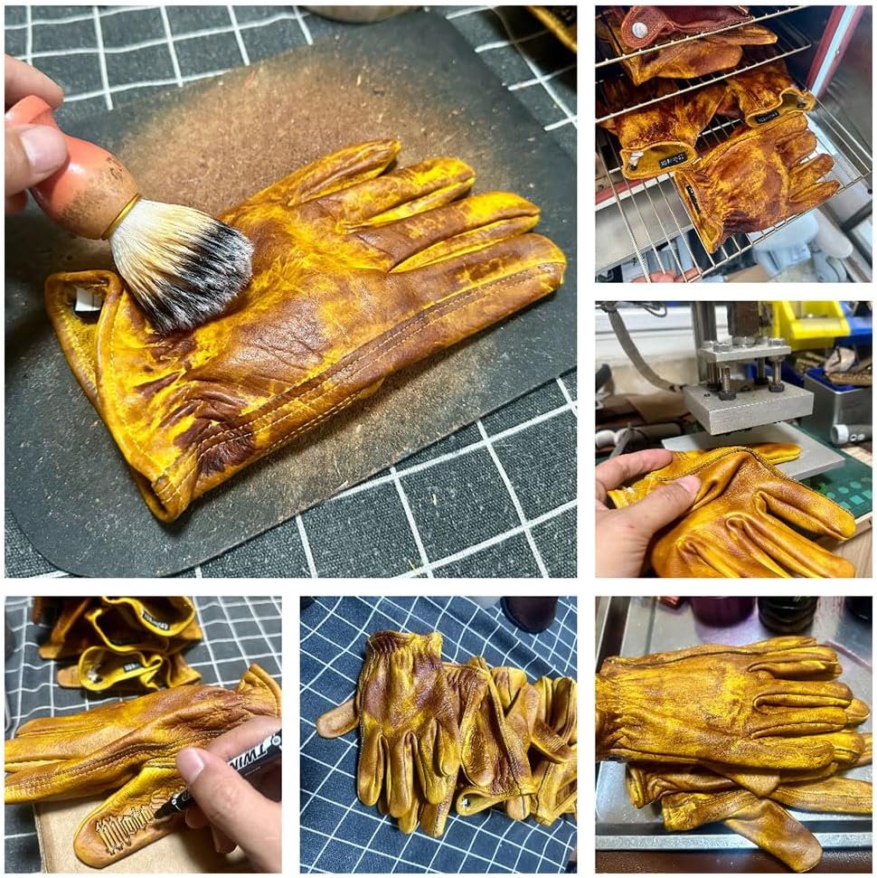 Handcrafted Short Retro Style Genuine Leather Men's Motorcycle Gloves - Exclusively Handmade for Vintage Enthusiasts（Non-Touchscreen） (Large)