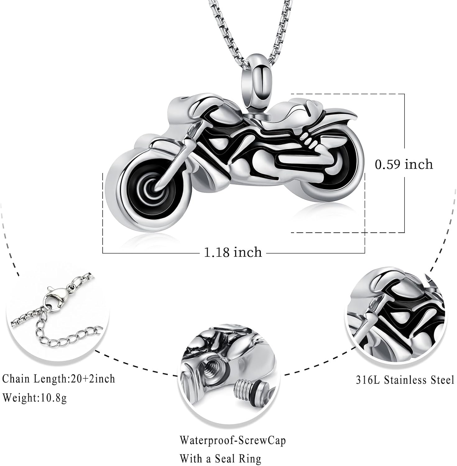 Oinsi Motorcycle Stainless Steel Memorial Jewellery Ash Keepsake Cremation Urn Necklace For Men&Women - Image 2