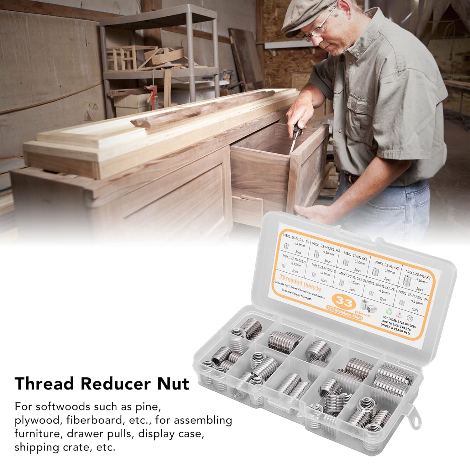 33 PCS Threaded Insert Assortment Kit, Thread Reducer Nut Repair Sleeves, Stainless Steel Fastener Assortment, M8x1.25 Threaded Insert Assortment Kit