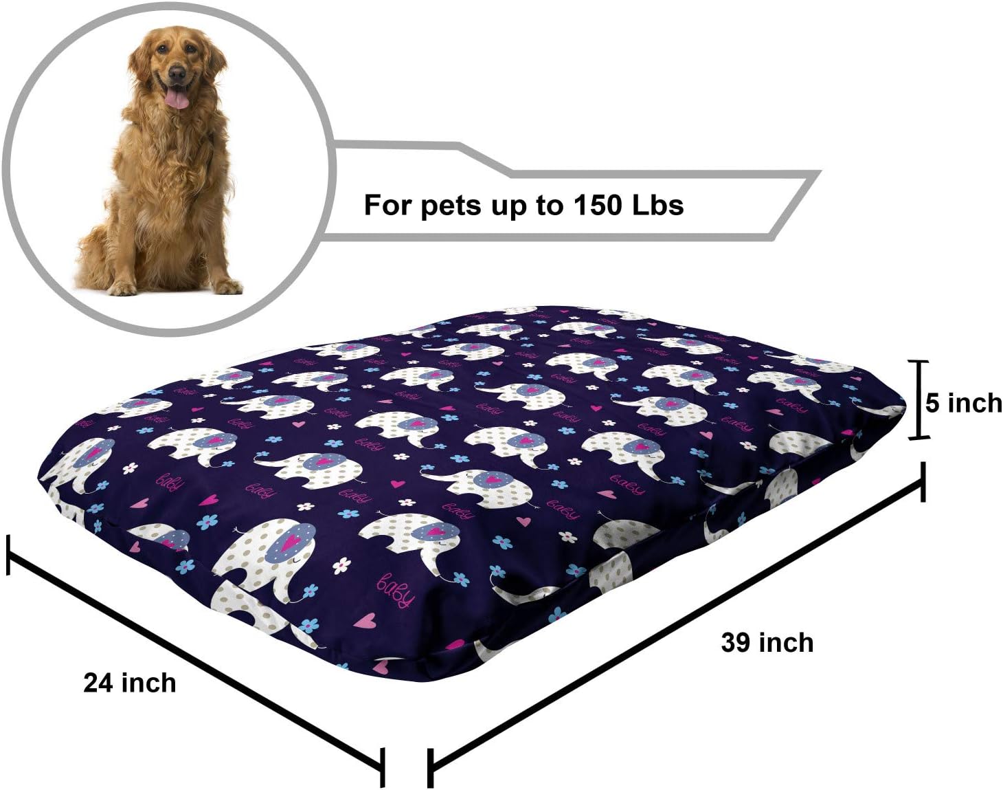 review Lunarable Animal Pet Bed, Animal with Polka Dots Hearts and Daisy Blossoms Pattern, Chew Resistant Pad for Dogs and Cats Cushion with Removable Cover, 24