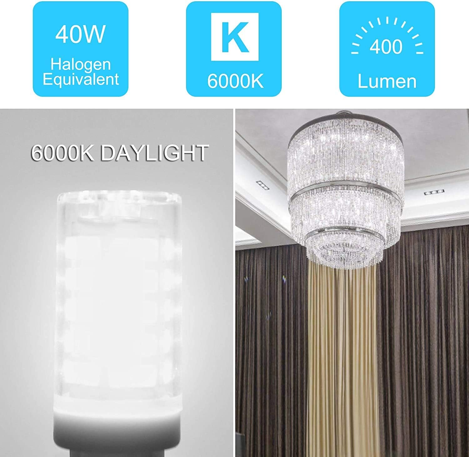 OHLGT G9 LED Bulbs, 5W (40W Halogen Equivalent), Daylight White 6000K G9 Base Bulbs for Chandeliers, 400LM Non-Dimmable for Home Lighting, 5 Pack