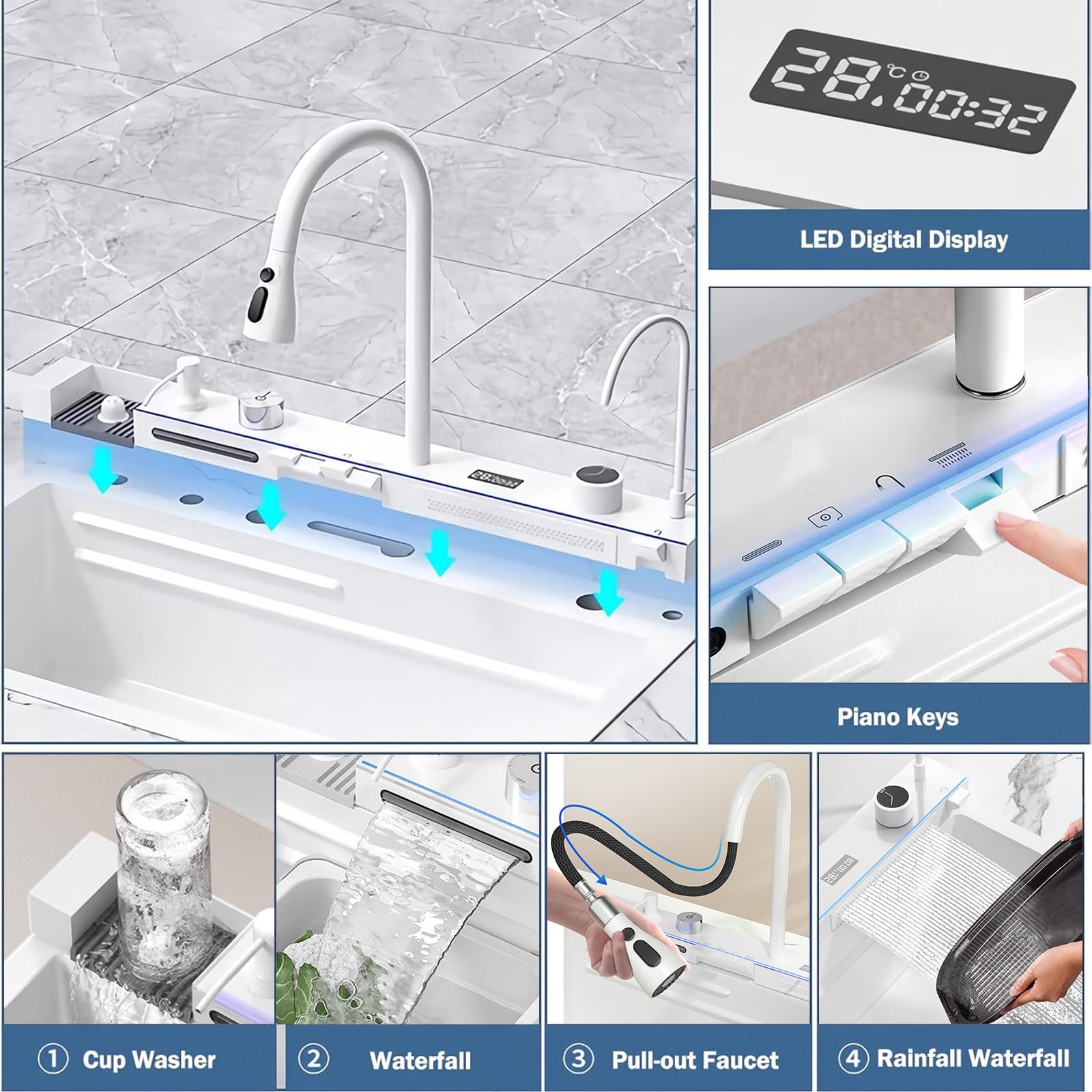 Lavello da cucina intelligente multifunzione da 85 cm, con rubinetto digitale integrato, in acciaio inox, con ciotola per lavastoviglie e set di accessori per cucine moderne
