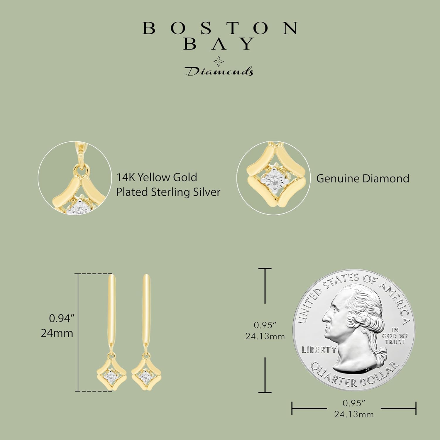 Boston Bay Diamonds Diamond Drop Huggie Hoop Earrings in 925 Sterling Silver - Choice of Charm