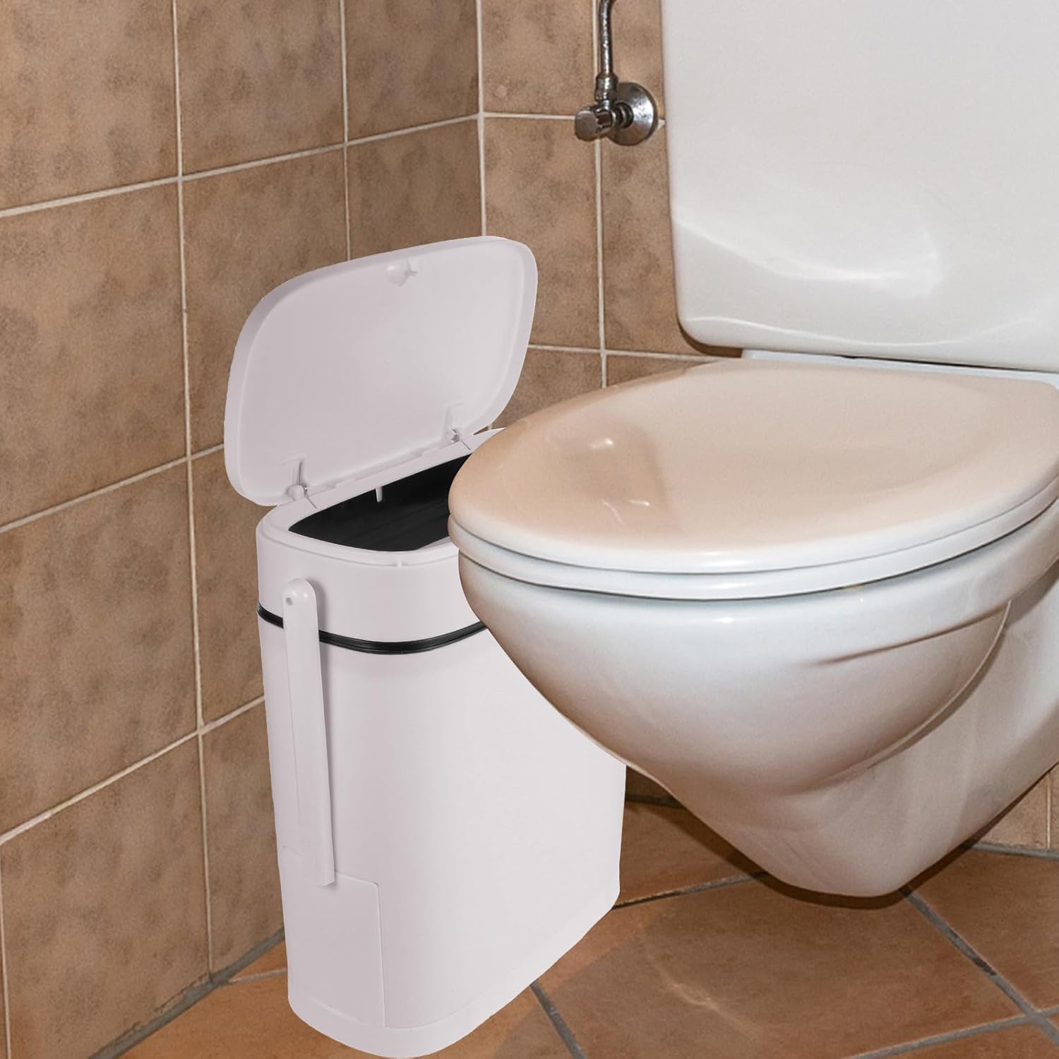 Rectangular Bathroom Trash Can with Toilet Brush Storage Holder, White Plastic Waste Bin for Narrow Spaces, Home Garbage Container with Lid for Bathroom Organization