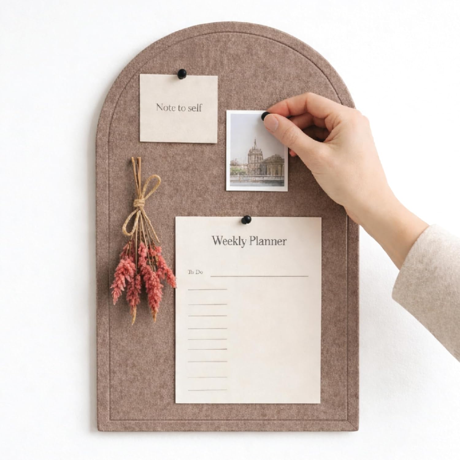 Orelle Mini Arch Felt Bulletin Board | Foldable Peel and Stick Felt Board for Wall | Alternative Cork Board for Office, Vision Board, Kids Art Display | Arched Wall Decor | 13 x 17”| Mocha