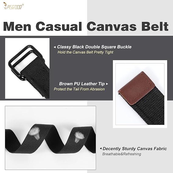 JASGOOD Men Canvas Fabric Belts Casual Web Cloth Belts with Black Double Ring Buckle 2 Pack