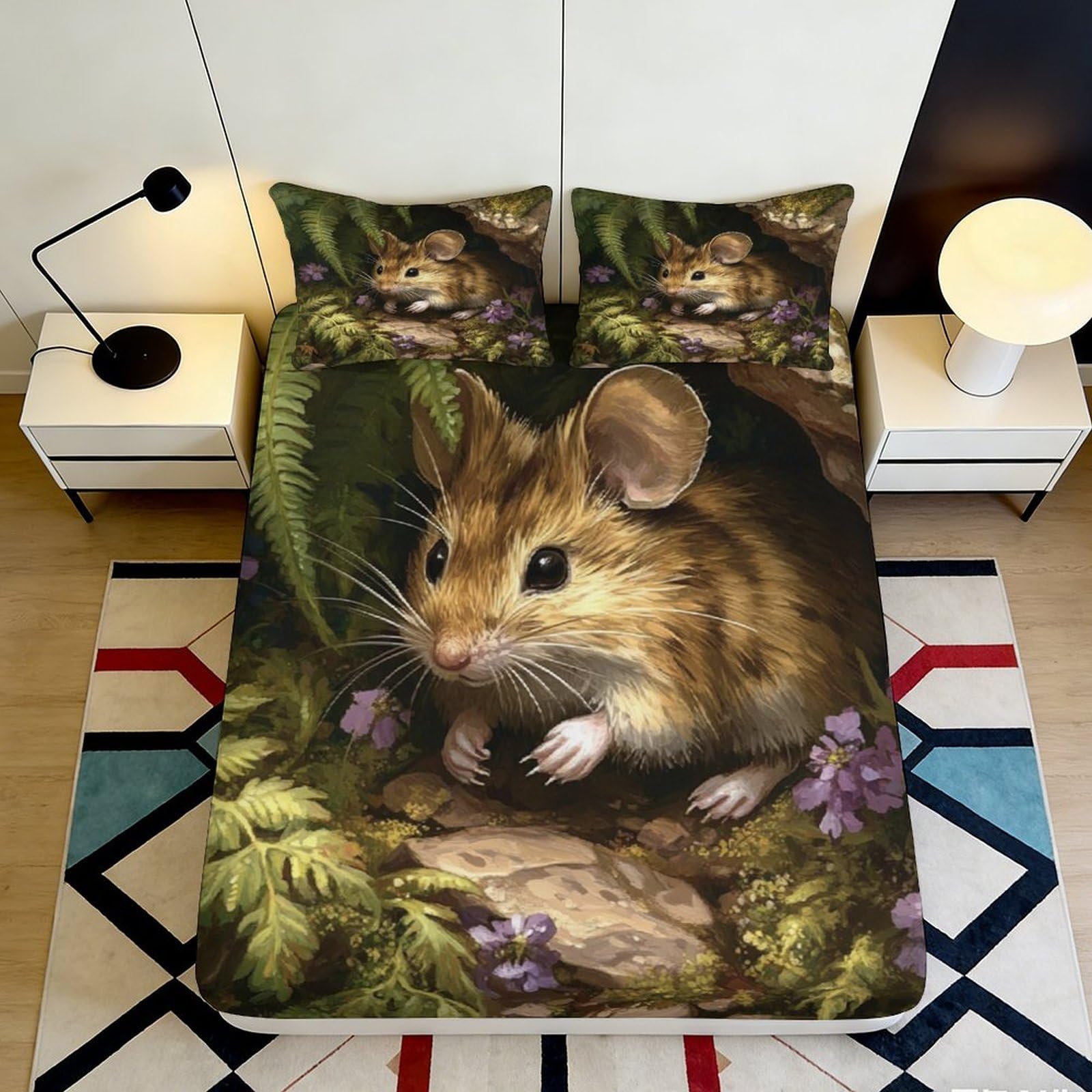3D Printed Forest Mouse Fitted Sheet Microfiber Anti-Slip Machine Washable Woodland Animal Mattress Cover Bedroom Decor 90x200x25cm