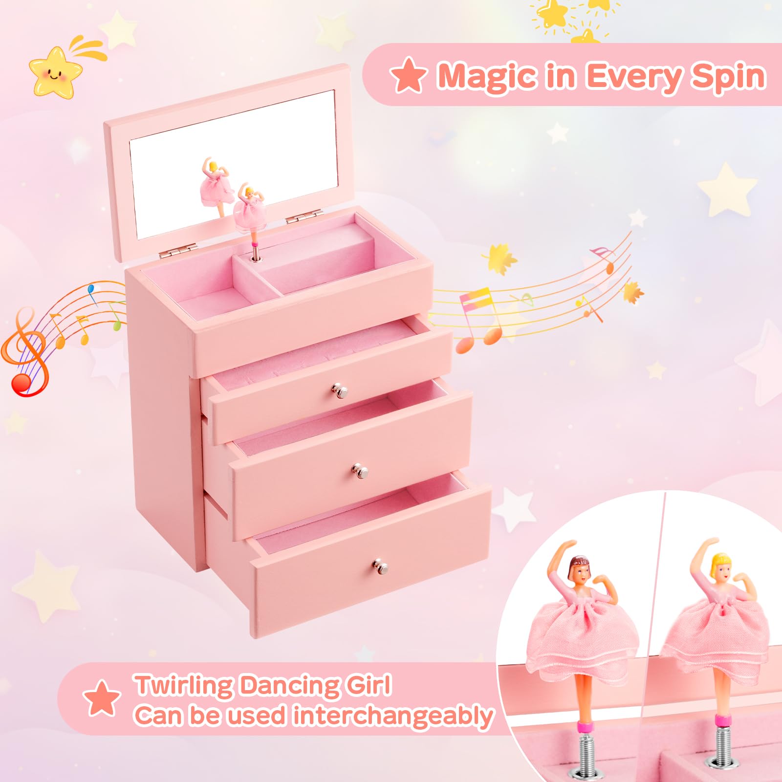 Musik-Schmuckkästchen für Mädchen aus Holz mit Ballerina & Spiegel, 4-lagige Schmuckaufbewahrung mit 3 Schubladen für Ringe, Armband & Halskette, Rosa Schmuckschatulle Geschenk