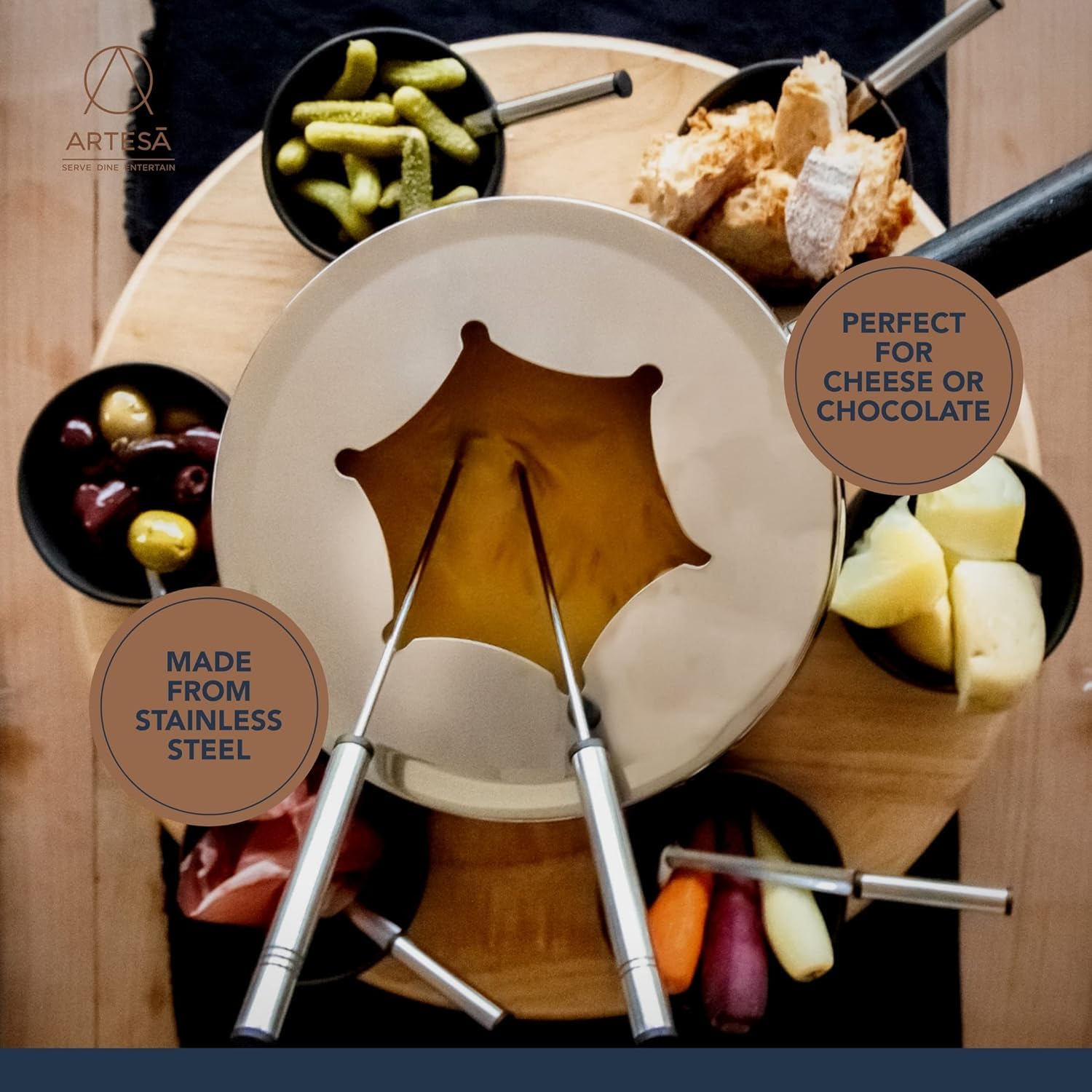 Artesà Zestaw do Fondue z Lazy Susan, 22-częściowy, Stal Nierdzewna, Czarny