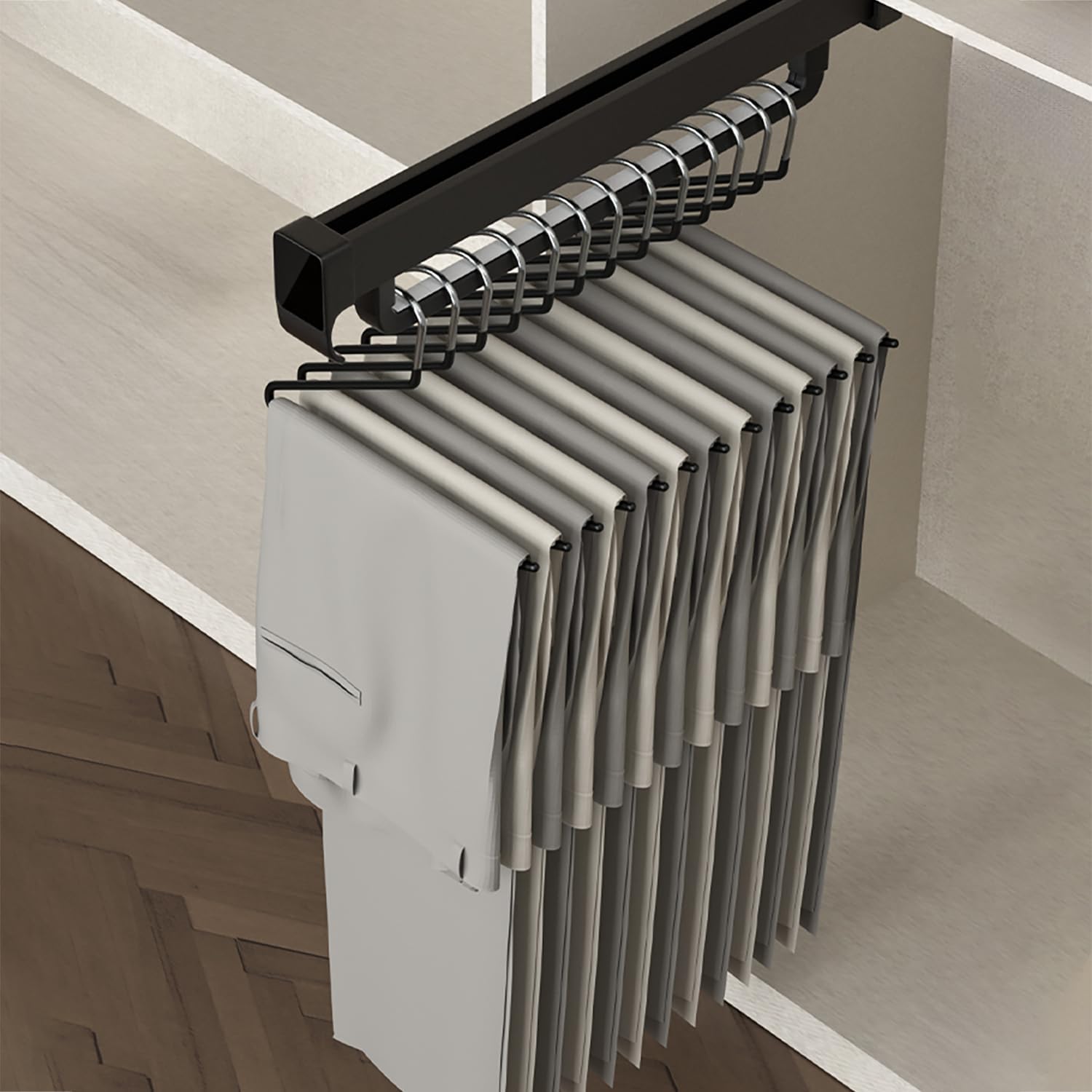 Pull-Out Pant Hanger, Slide-Out Pants Rack, Pull-Out Clothing Organizer for Pants and Coats, Space-Saving Storage Solution, Maximum Load 40 lbs (Black, 12.2in)