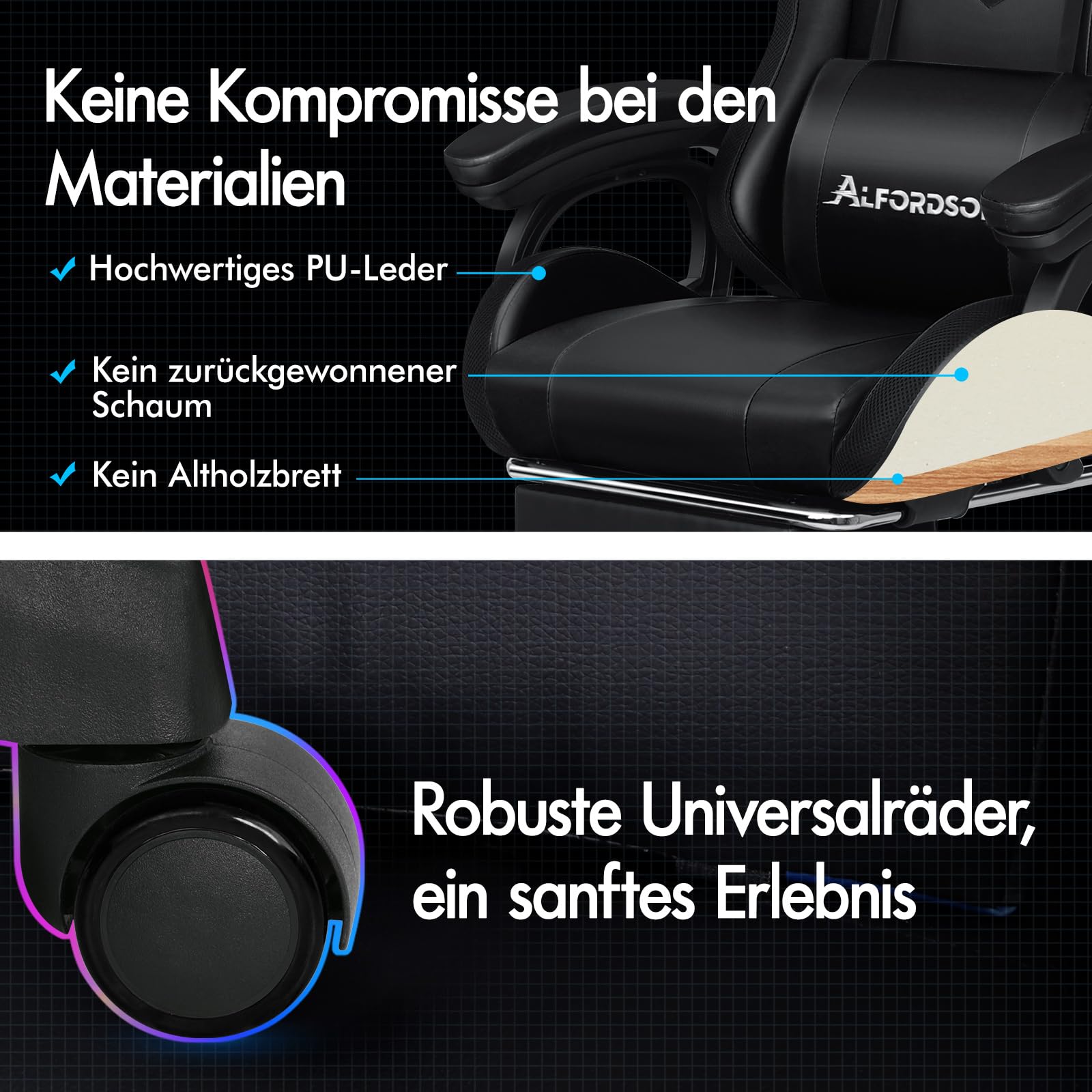 ALFORDSON Gaming Stuhl Gamer Stühle RGB LED Racing Gamer-Stuhl PC-Gaming-Sessel Massage Bürostuhl ergonomisch Fußstützen, Schreibtischstuhl, Neigungswinkel 90-150°,180 kg belastbar, Schwarz
