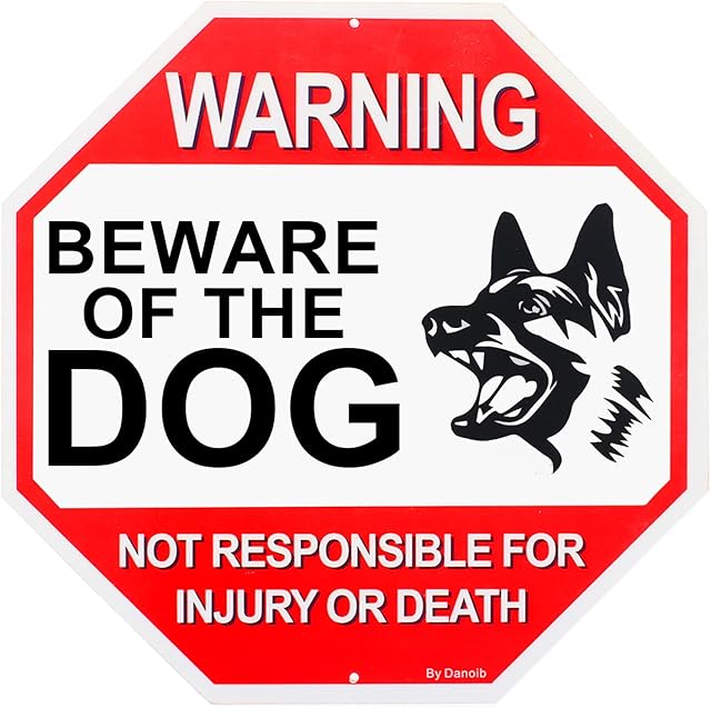ZHOUSTOU Large Beware of The Dog Sign Board Dog Warning Signs Metal Aluminum Rust Free Waterproof Dog Signs for Gates Funny Warning Signs for Garden Yard Outdoor Decor(12" x 12")