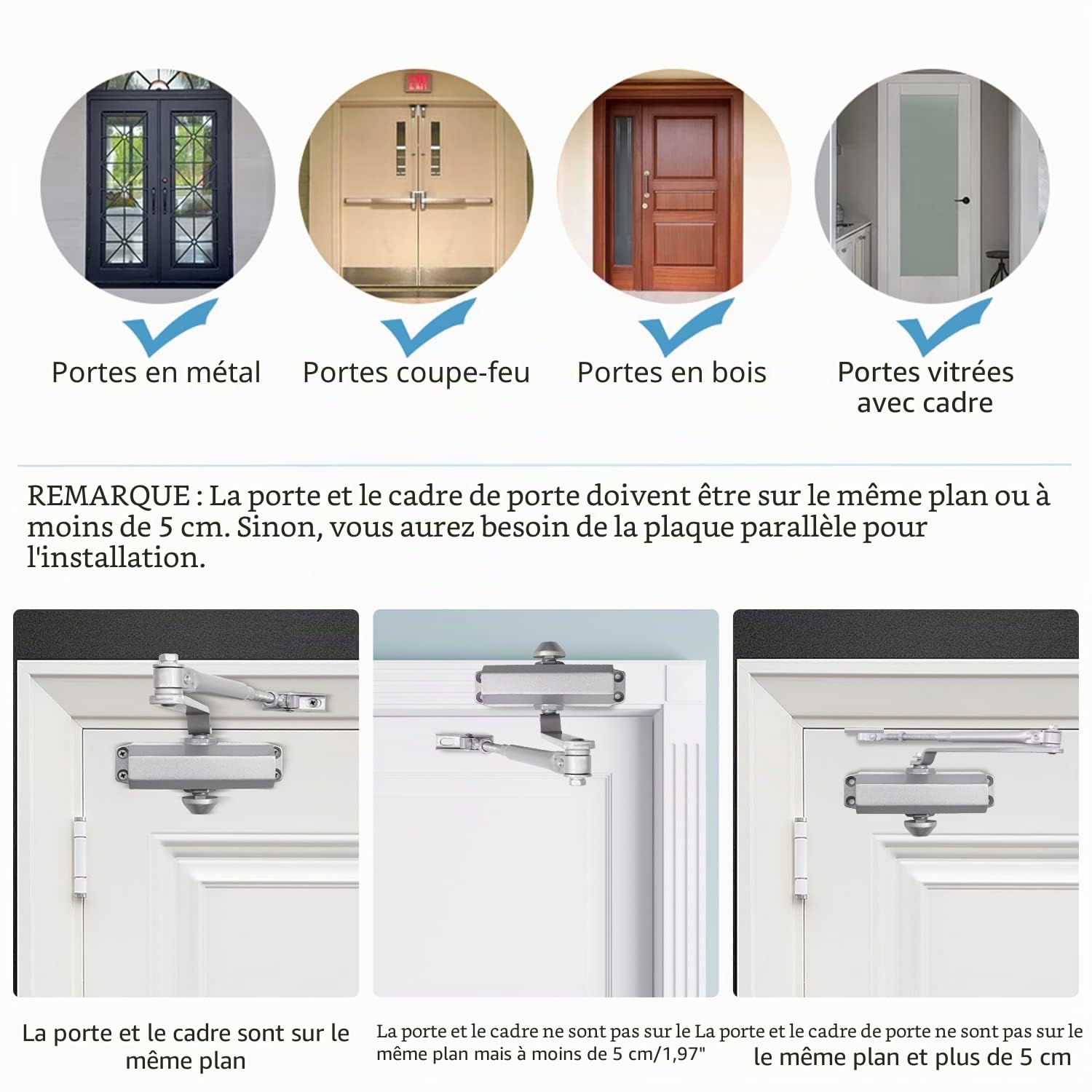 MARIE Ferme porte Automatique avec Dispositif D'arrêt, Groom Fermeture Porte à Ressort Réglable, Tampon Fermé usage Commercial et Résidentiel Porte de 60-85kg Installation Vidéo EN1634-1, Noir