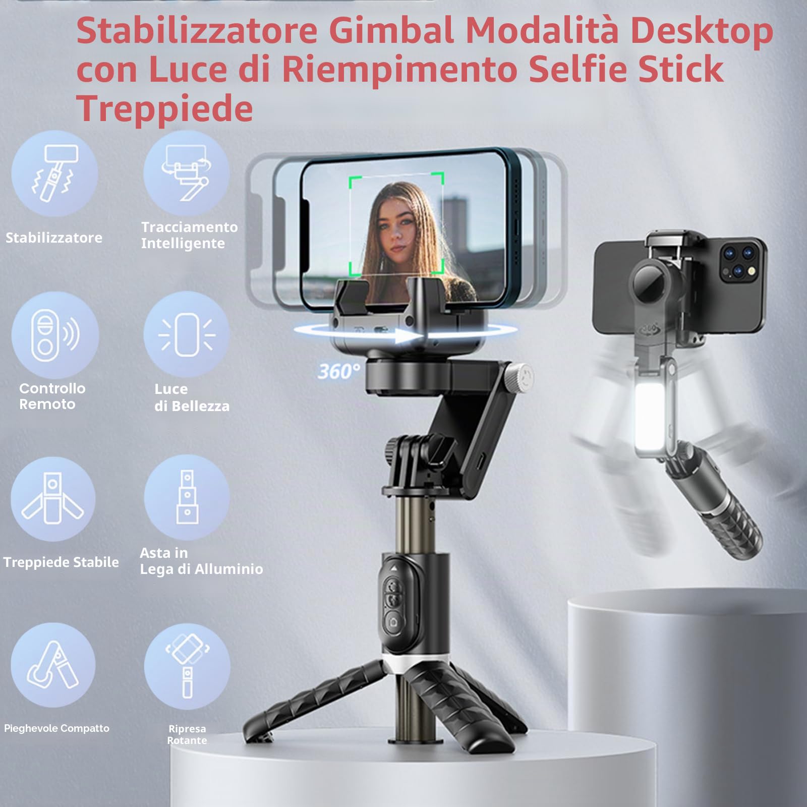 Gimbal Stabilizzatore per Smartphone Rotazione 360° Bastoni Selfie Desktop Treppiede, Luce Riempimento Telecomando Wireless Tracciamento Intelligente Compatibile con Android iPhone