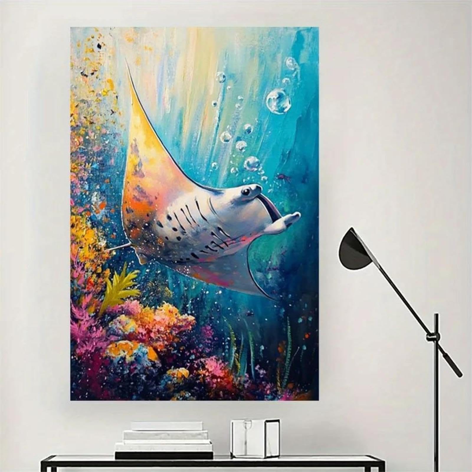Yocheng Abstract Ocean Manta Ray Canvas Wall Art - Vibrant Underwater Scene With Coral Reefs & Marine Life 40x50cm No Frame