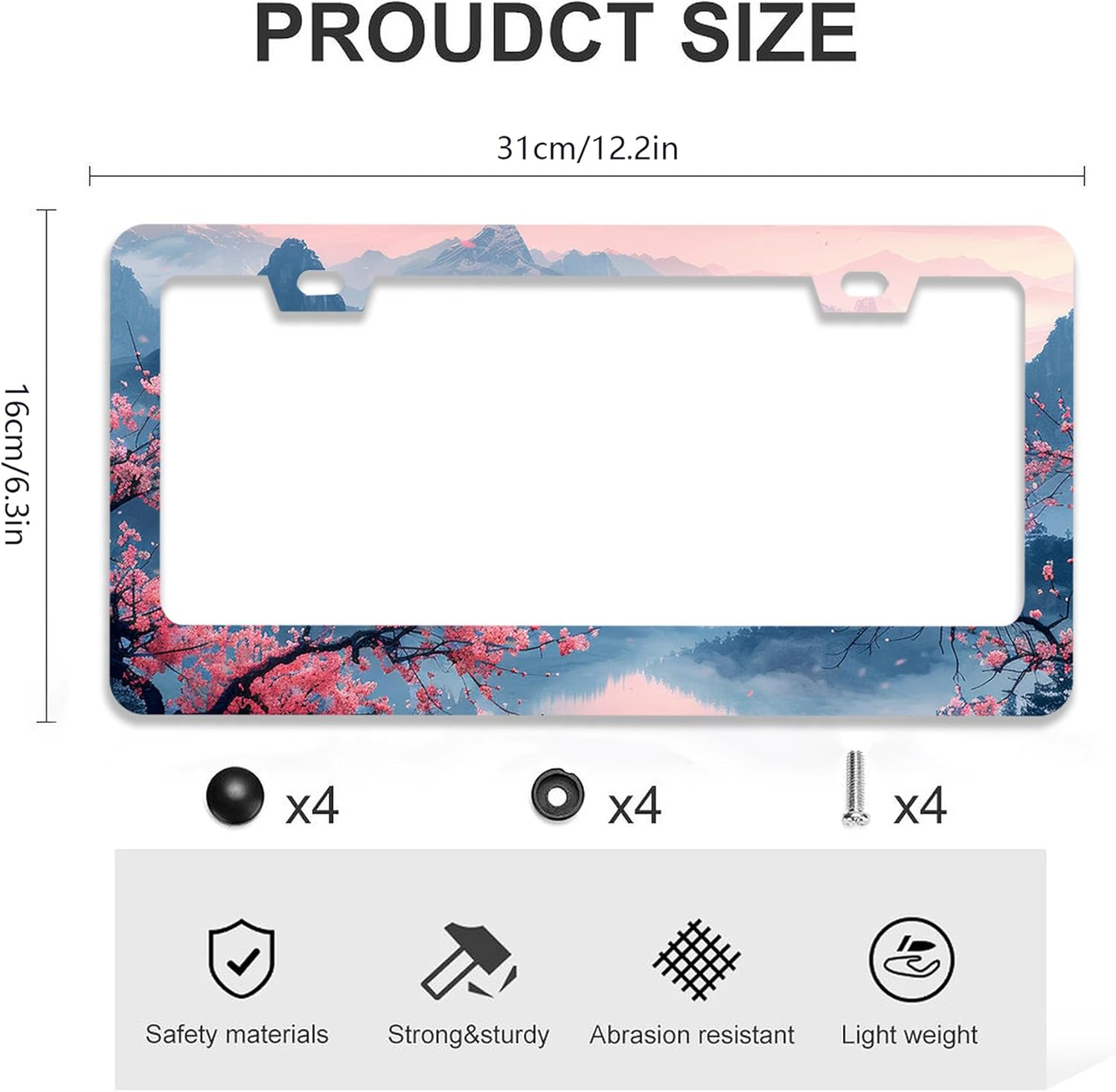 2 Pcs Mountains Cherry Blossom License Plate Frames - 2 Holes Stainless Steel Metal Auto Car Accessories Decoration License Plate Frame Cover Size 6.3" x 12.2" Fit US Vehicles for Women Men Gift