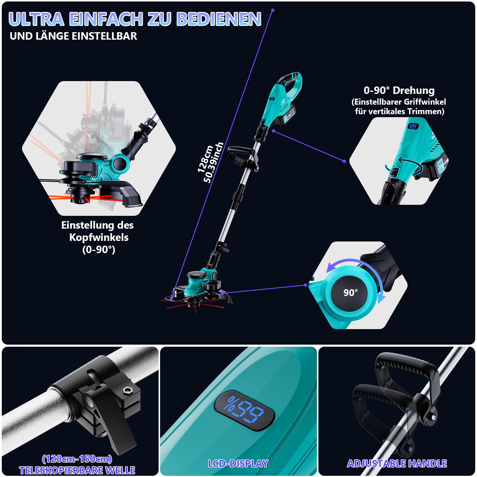 Rasentrimmer 4-in-1-Rasentrimmer, mit Akku 2 x 4000mAh, Ladegerät | 1000W Bürstenloser Motor, 90° drehbarer Trimmerkopf, Flüssigkristallanzeige, Teleskopstiel