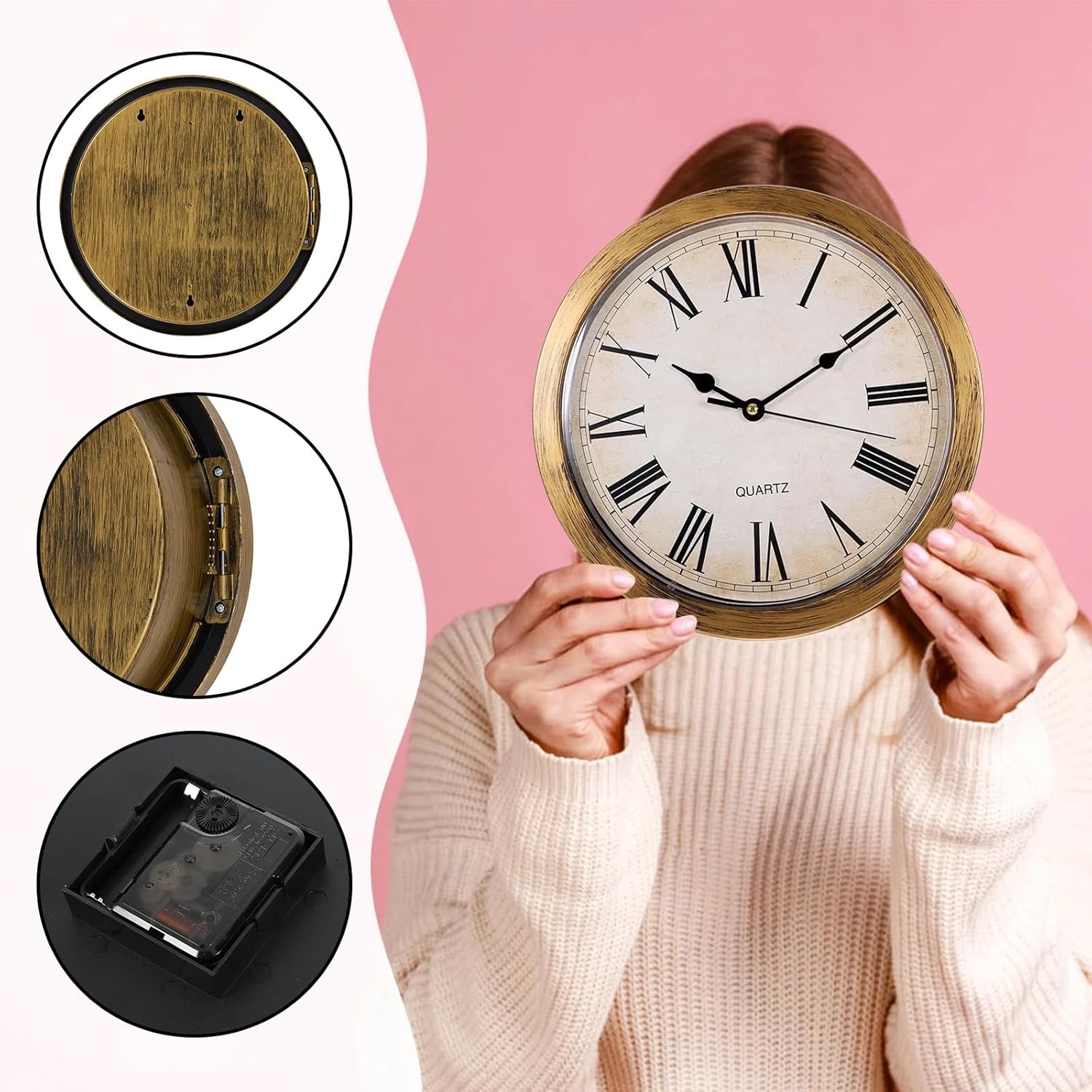 10 Inch Wall Clock with Hidden Safe, Battery Operated Quartz Plastic Vintage Decor Wall Clock Diversion Safe with Secret Storage for Kitchen Living Room Home Organization, Gold