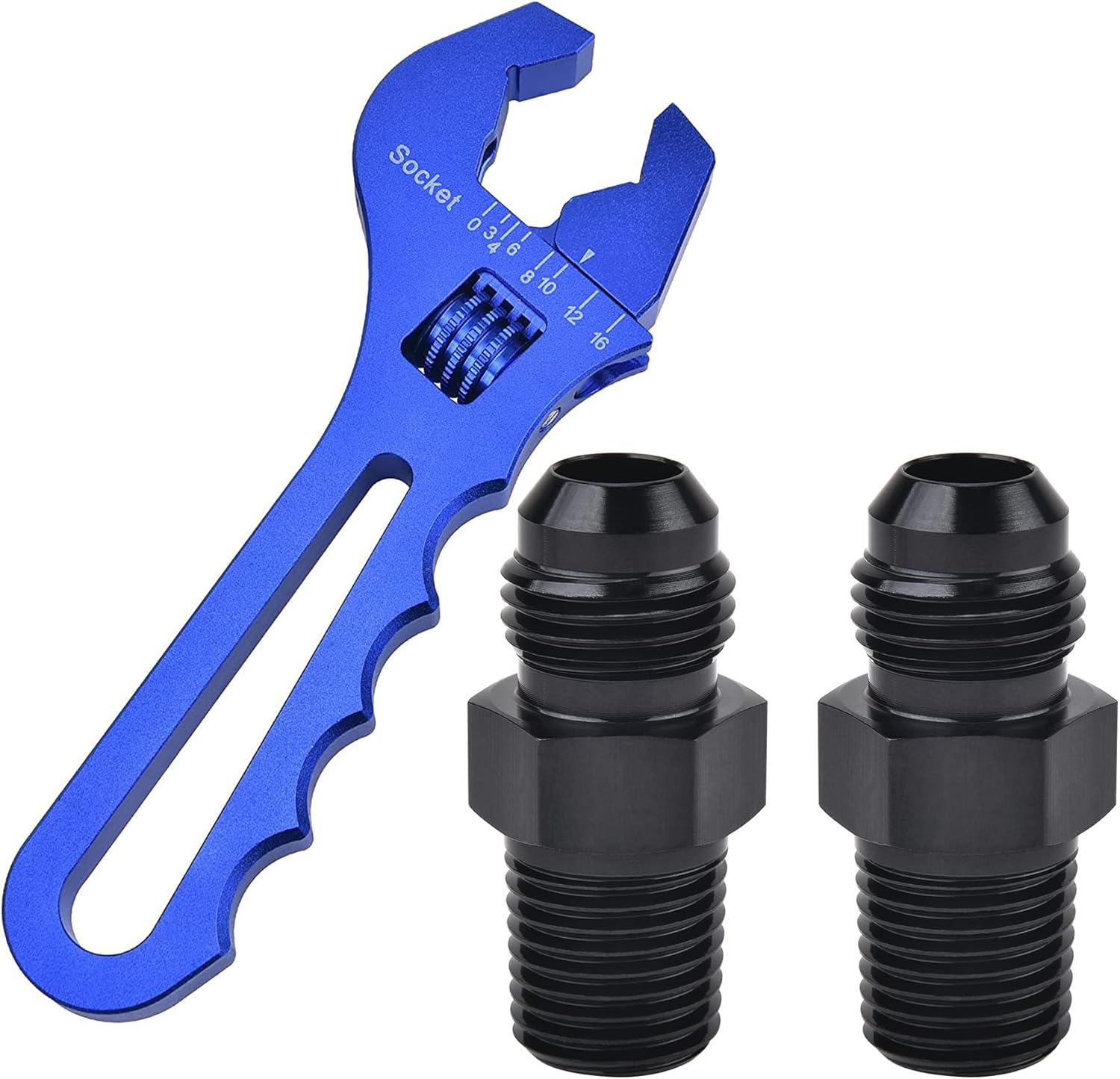 EVIL ENERGY 6AN Male to 1/4" NPT Pipe Fitting Straight 2PCS Bundle with Adjustable 3AN-16AN Wrench Aluminum Blue