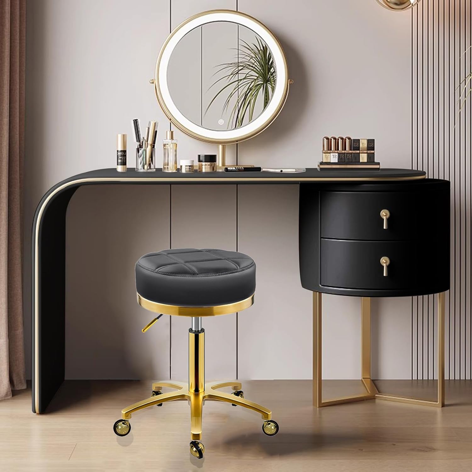 Gold Rolling Vanity Stool with Wheels, Salon Spa Tattoo Massage Pedicure Chair, PU Leather Roller Chair, 43-55cm Height Adjustable Office Work Swivel Stool (Black, Without Back)