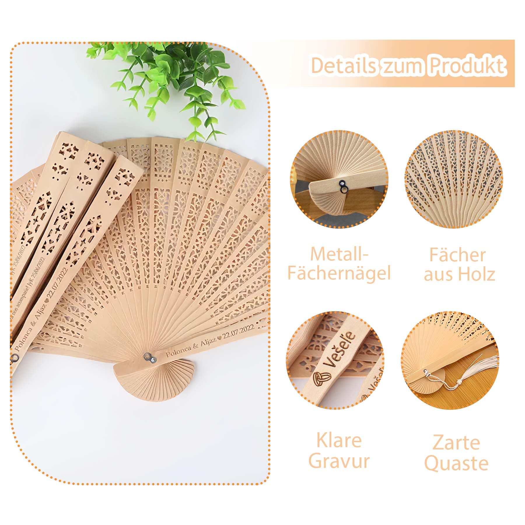 100Pcs Personalisierbarer Fächer mit Gravur Text/Symbole Holzfächer Naturholz Damen Handfächer für Hochzeiten, Sauna, Rave,Festival & Deko Hochzeitsgeschenke,Fächer Set, Mengenrabatt (100)