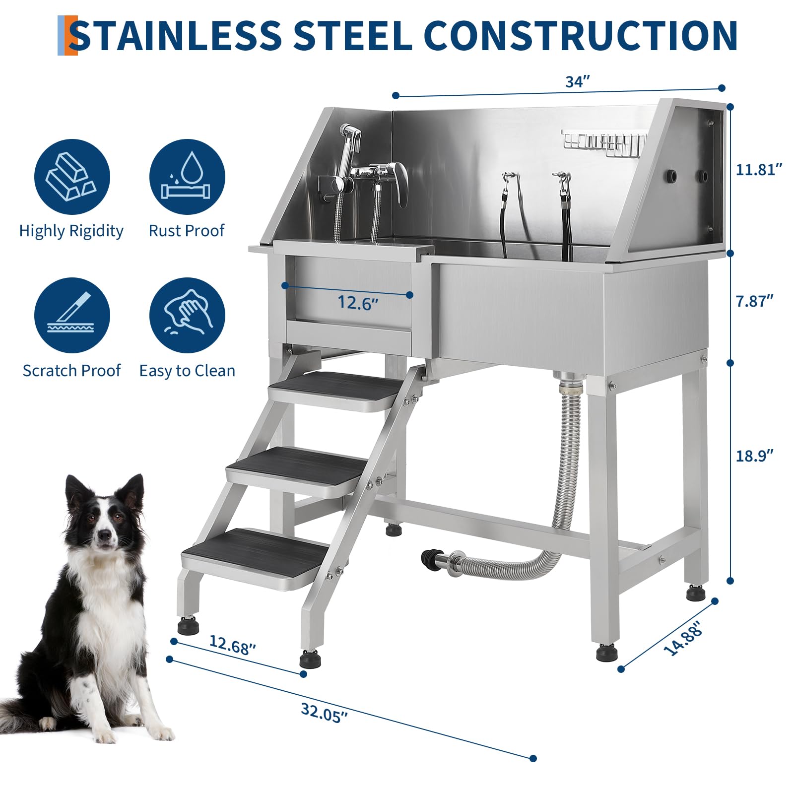 Garvee Bañera para Perros de Acero Inoxidable 86cm Estación de Lavado Profesional para Mascotas con Puerta Corredera Izquierda y Escaleras Antideslizantes Carga 80kg para Peluquería Canina Casa Plata