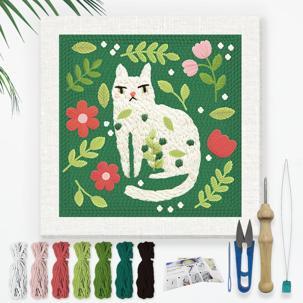 DOODLREAM White Cat Leaf Punch Needle Kit for Beginner 24 x 24 cm