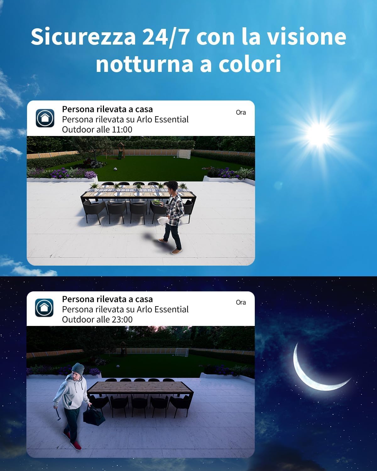 Arlo Essential 2 2K, Telecamera WiFi da Esterno Senza Fili, 6 mesi di autonomia, Visione Notturna a Colori, Illuminazione, Sirena, Audio Bidirezionale, 1 Telecamera Bianca