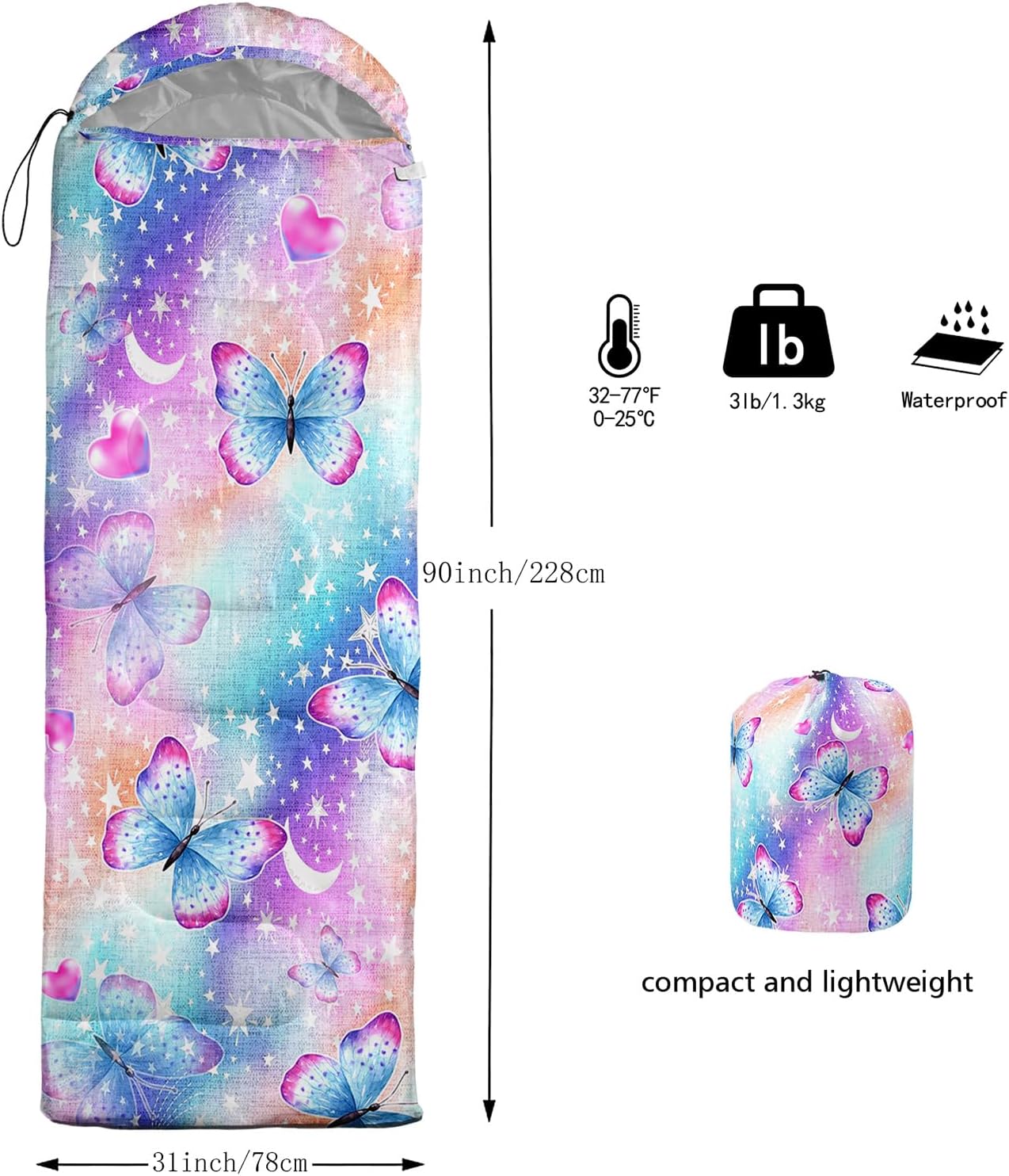 QOOMO Colorful Butterfly Printed Camping Sleeping Bags,3 Season Warm & Cool Weather,Lightweight,Waterproof Sleeping Bags for Adults & Kids,Traveling,and Outdoors,Camping Gear Equipment,31x90inch