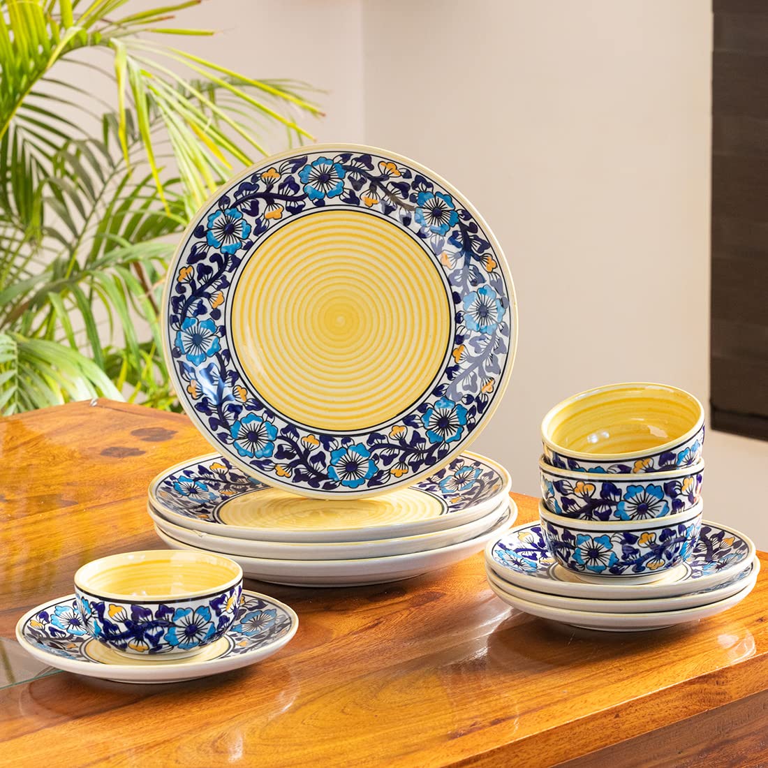 ExclusiveLane Ceramic Floral Dinner Set (12 Pieces, Serving For 4, Dishwasher & Microwave Safe) | 'Badamwari Bagheecha' Handpainted Ceramic Plates With Bowls & Quarter Plates/Katoris/Dinner Bowl