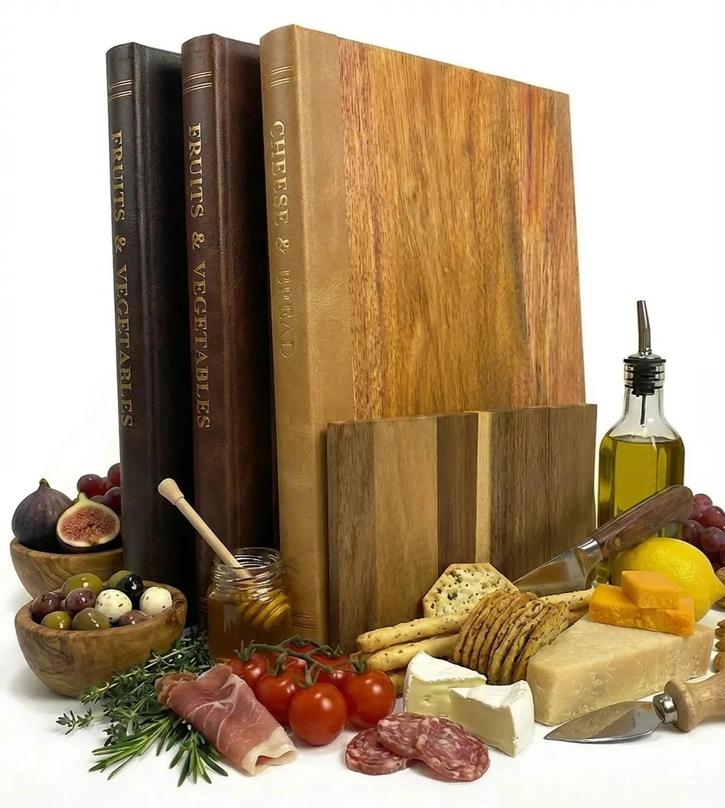 Schneidebrett-Set mit Ständer – Akazienholz-Schneidebretter für Küchendekoration, Charcuterie & Meal Prep | Einzigartiges Buchdesign, rutschfest & platzsparend | 3-teiliges Set