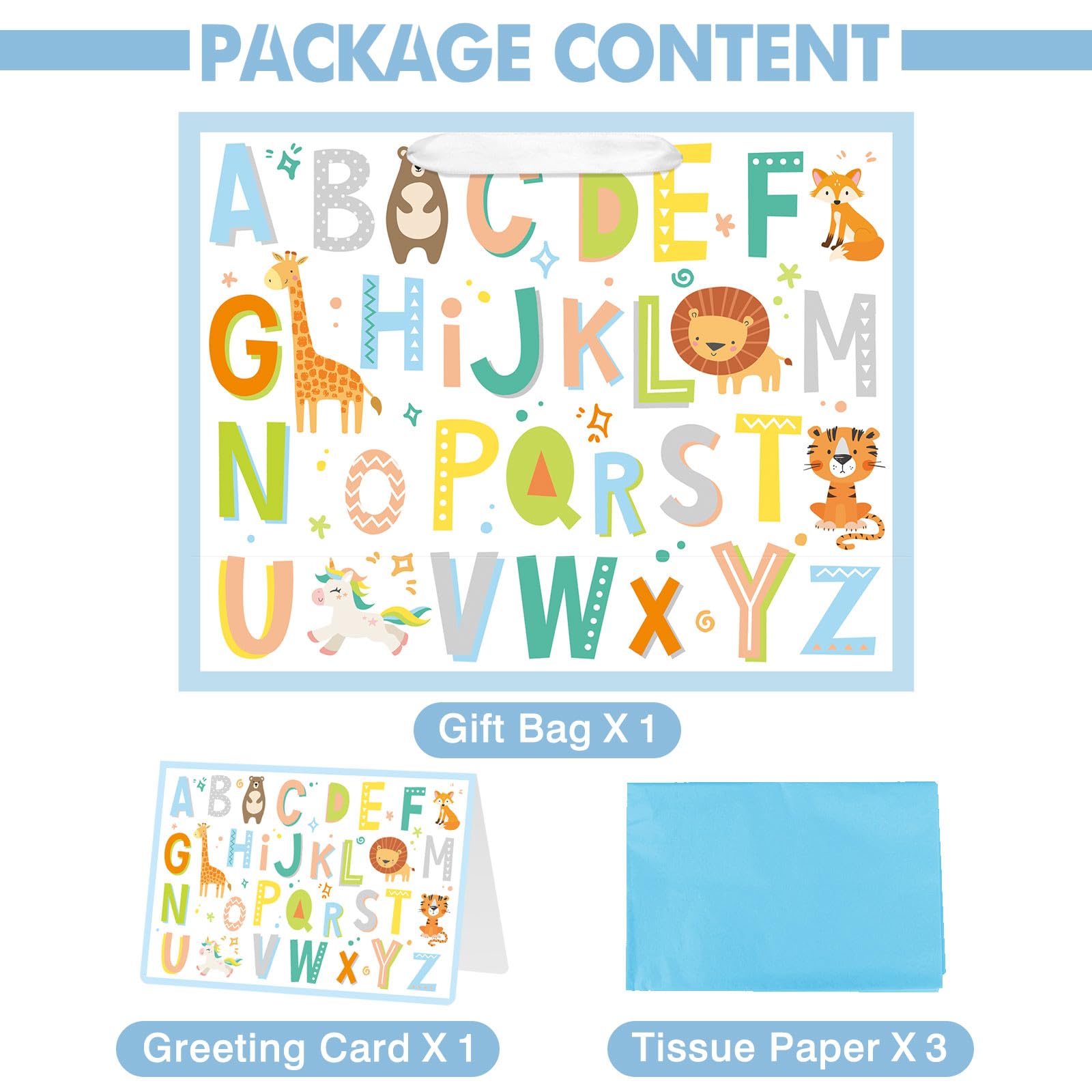 Laidans 13" Large Baby Boy Gift Bag for Baby Shower Birthday with Tissue Paper and Greeting Card (ABC Alphabet Animal Design)