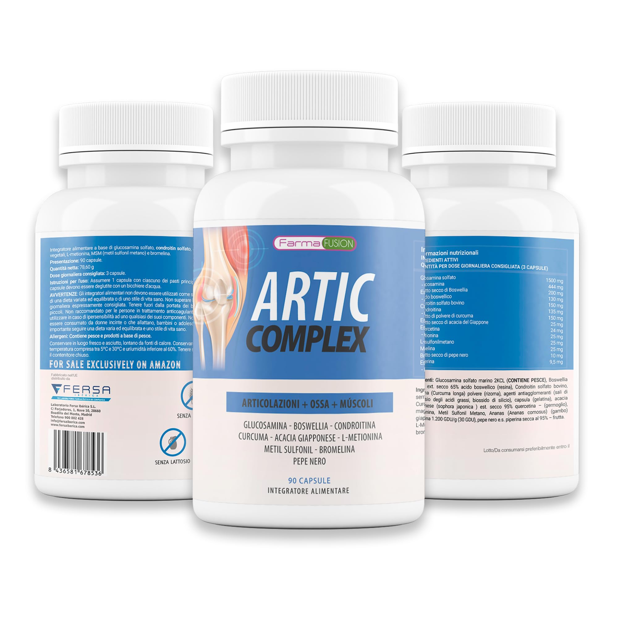 Farma Fusion Artic Complex | Curcuma, Glucosamina, Condroitina e Collagene | Elimina il dolore di muscoli, articolazioni e Ossa | Antinfiammatorio con azione analgesica | Ripara le Articolazioni 90u